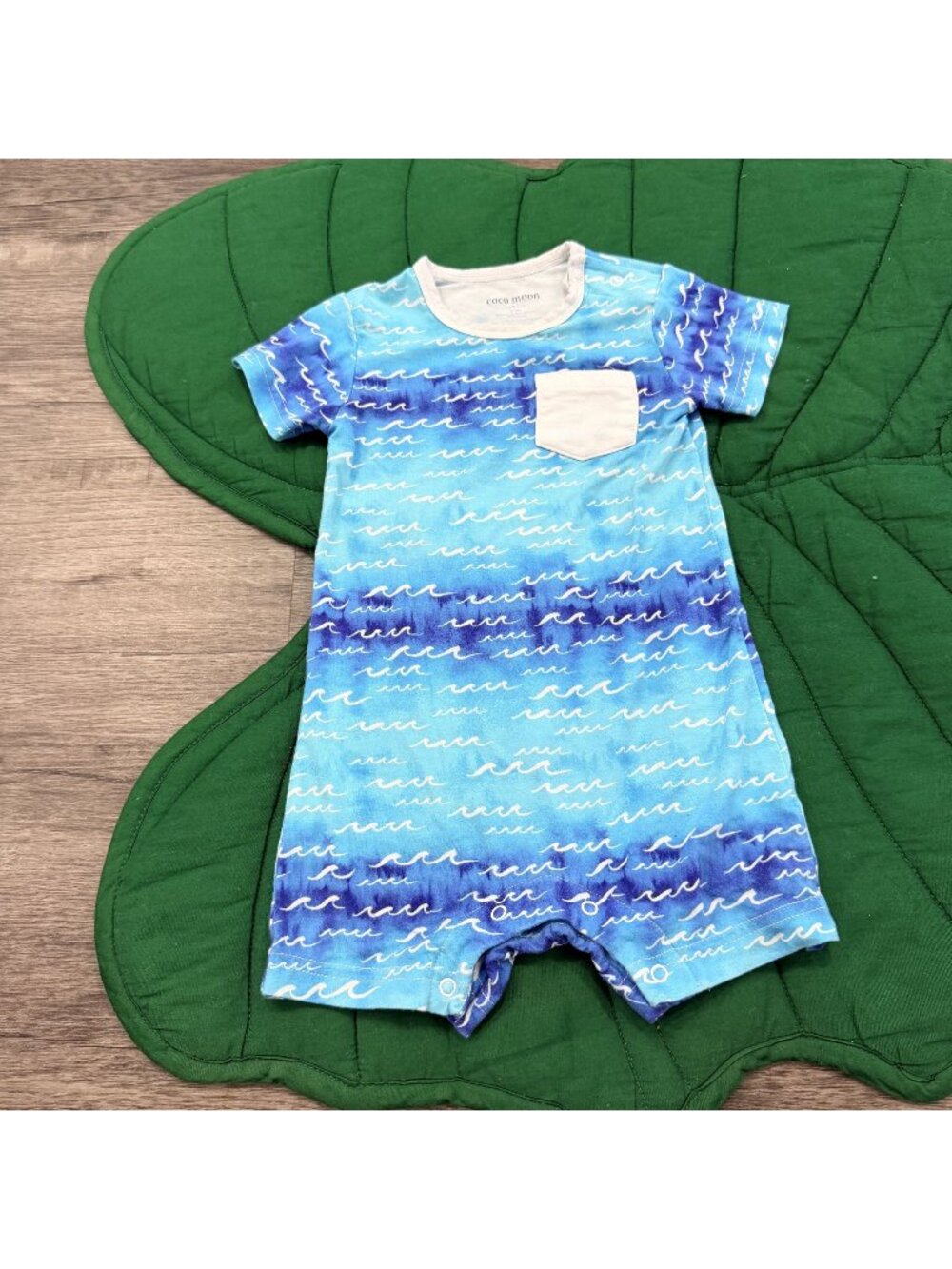 Coco Moon Hawaii Bamboo 6-12M Nalu Wave Blue Pocket Shortie Romper